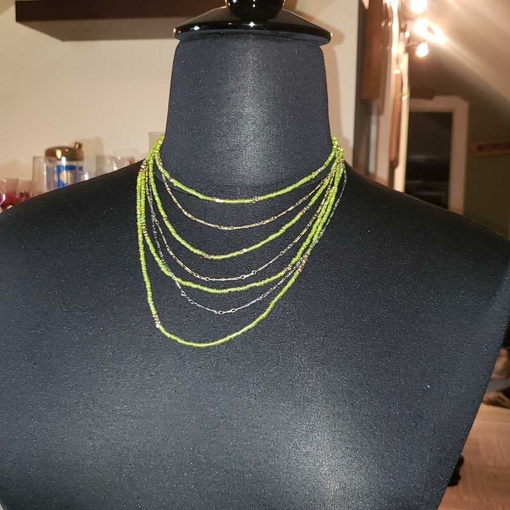 J-Lo Multi- Strand Green And Gold bead Necklace